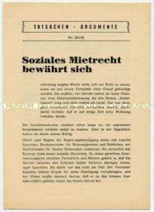Heft aus der Schriftenreihe des Parteivorstandes der SPD "Tatsachen - Argumente" zum Mietrecht