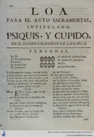 Loa para el Auto Sacramental Psiquis, y Cupido.