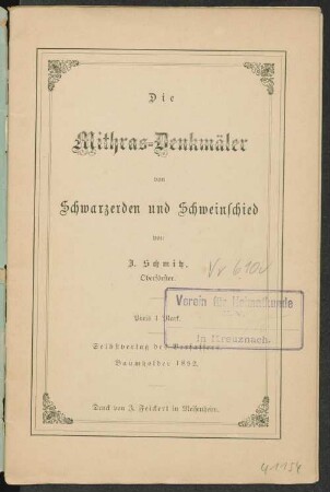 Die Mithras-Denkmäler von Schwarzerden und Schweinschied