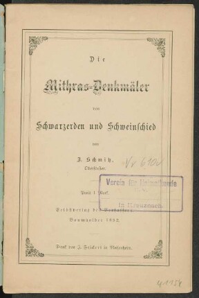 Die Mithras-Denkmäler von Schwarzerden und Schweinschied