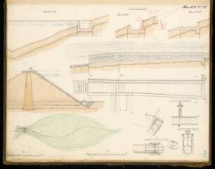 Talsperre Monatskonkurrenz Mai 1878: Lageplan, Grundriss (Ausschnitt), Längsschnitt, Querschnitt, Details; 3 Maßstabsleisten