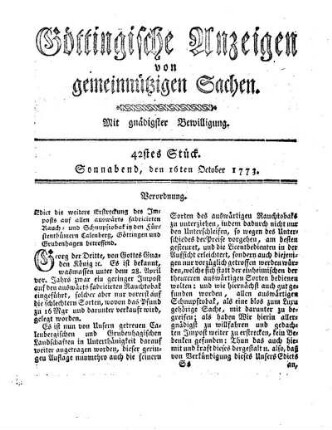 42stes Stück. Sonnabend, den 16ten October 1773.
