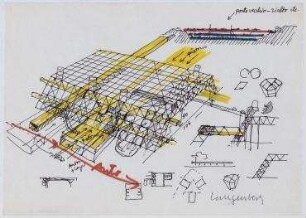 Ideenwettbewerb "Dienstleistungszentrum Langenberg " (nicht realisiert), 1. Preis – Perspektivansicht, Schnitte, Detailansicht "Hamburger Ponte Vecchio". Langenberg