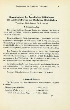 V. Gesamtkatalog der Preußischen Bibliotheken und Auskunftsbureau der Deutschen Bibliotheken