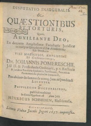 Disputatio Inauguralis de Quaestionibus Et Torturis