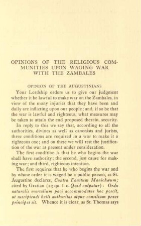 Opinions of the religious communities upon waging war with the Zambales