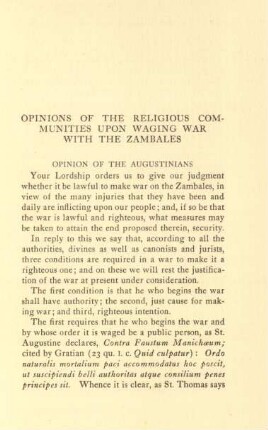 Opinions of the religious communities upon waging war with the Zambales