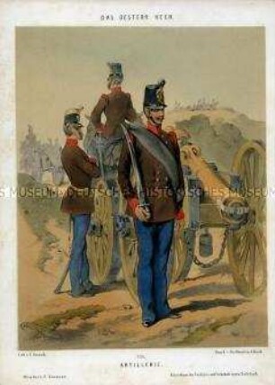 Uniformdarstellung, Offizier und Kanoniere der Artillerie am Geschütz, Österreich, 1848/1854. Tafel 139 aus: Gerasch: Das Oesterreichische Heer.