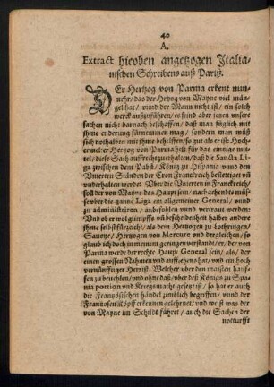 Extract hieoben angetzogen Italianischen Schreibens auß Pariß.