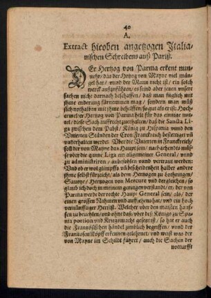 Extract hieoben angetzogen Italianischen Schreibens auß Pariß.