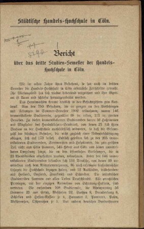 Städtische Handels-Hochschule in Köln. Bericht ... / 1902, Sommersemester