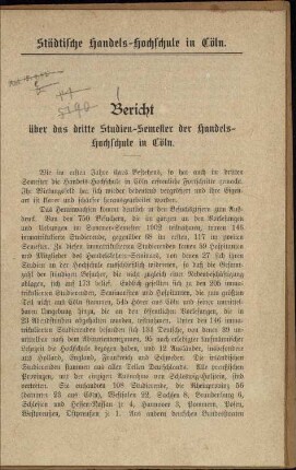 Städtische Handels-Hochschule in Köln. Bericht ... / 1902, Sommersemester