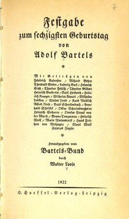 Festgabe zum 60. Geburtstag von Adolf Bartels