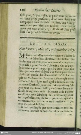 Lettre DLXXIX. Aux Rochers, Mécredi, 7. Septembre, 1689