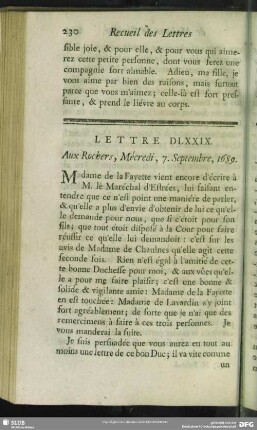 Lettre DLXXIX. Aux Rochers, Mécredi, 7. Septembre, 1689
