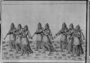 Bläsergruppe aus "Contrafactur des Ringrennens" 1574 : Bläsergruppe. Blatt 13 aus "Contrafactur des Ringrennens" unter Kurfürst August zur Fastnacht am 23.02.1574 im kurfürstlichen Schlosse zu Dresden. Deckfarben; ca. 22,1 x 34 cm. Dresden: SLUB Mscr.Dresd.K.2