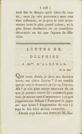 Lettre XX. Delphine A M.lle D'Albémar. Ce 31. Mai.
