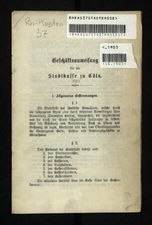 Geschäfts-Anweisung für die Stadtkasse zu Cöln