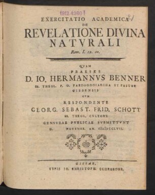 Exercitatio Academica De Revelatione Divina Naturali : Rom. I. 19. 20.