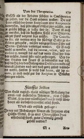 Fünffte Section. Von theils nutzlich - theils nöthiges Abtheilung der inner - und äusserlichen Artzneyen, ...