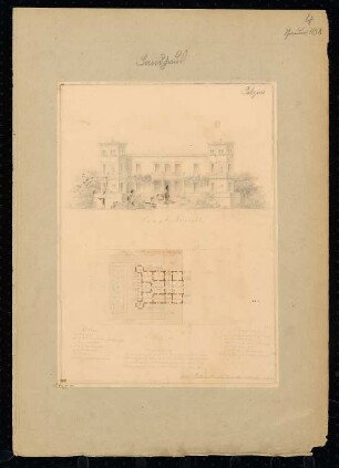 Landhaus Monatskonkurrenz Januar 1838: Lageplan mit Grundriss Erdgeschoss, Aufriss Hauptansicht; Raumplan
