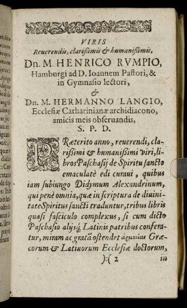 Viris Reverendis, clarißimis & humanißimis, Dn. M. Henrico Rumpio [...] Dn. M. Hermanno Langio [...]
