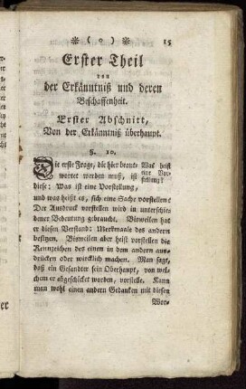 Erster Abschnitt, Von der Erkänntniß überhaupt.