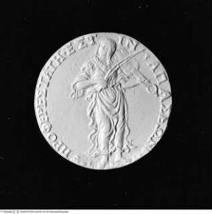 Medaille der Cassandra Fedele, Revers: Eine antikisch gewandete weibliche Figur spielt auf einer Geige
