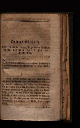 Dritter Abschnitt. Klasseneinteilung, stehende u. Hilfslehrer, Tabellarische Uebersicht der Lektionen.