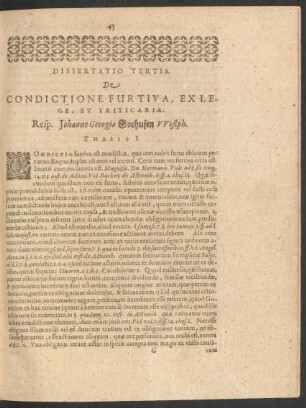 Dissertatio Tertia. De Condictione Furtiva, Ex Lege, Et Triticaria.