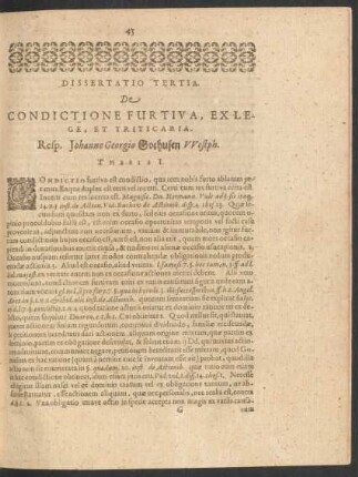 Dissertatio Tertia. De Condictione Furtiva, Ex Lege, Et Triticaria.