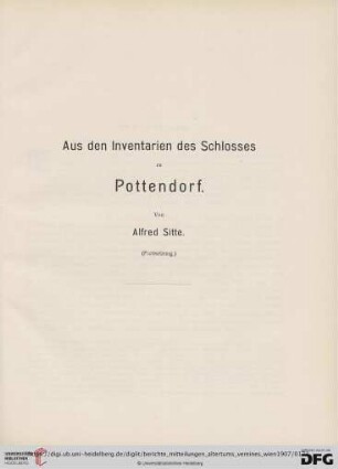 Aus den Inventarien des Schlosses zu Pottendorf