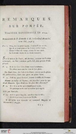Remarques sur Pompée, Tragédie représentée en 1644