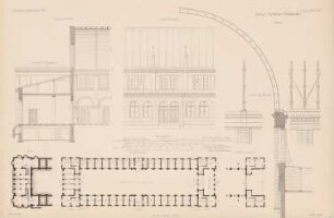 Viehmarkt und Schlachthof, Berlin: Grundriss EG, Keller, Seitenansicht, Längsschnitt, Details Börse (aus: Atlas zur Zeitschrift für Bauwesen, hrsg. v. G. Erbkam, Jg. 22, 1872)