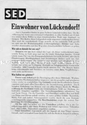 Propagandaflugblatt der SED-Ortsgruppe Lückendorf mit Kandidatenliste und Aufruf zur Wahl ihrer Kandidaten bei den Gemeindewahlen 1946