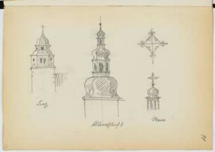 Kirchturm, Lich. Kirchturm, Altenschlirf. Kirchturm, Mues: Ansichten, Detail Mues (aus: Skizzen- und Fotoalbum 23)