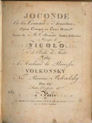 JOCONDE Ou les Coureurs d'Avantures Opéra Comique en Trois Actes Paroles de M" Etienne ... Musique de NICOLO
