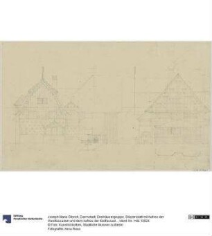 Darmstadt, Dreihäusergruppe, Skizzenblatt mit Aufriss der Westfassaden und dem Aufriss der Südfassade des Eckhauses sowie einige Details
