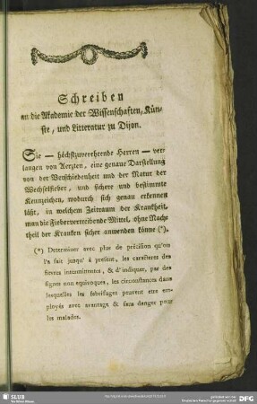 Schreiben an die Akademie der Wissenschaften,Künste , und Litteratur zu Dijon