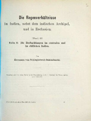Die Regenverhältnisse in Indien, nebst dem indischen Archipel, und in Hochasien, 2,1=2A. Theil II, Reihe A: Die Beobachtungen im centralen und südlichen Indien