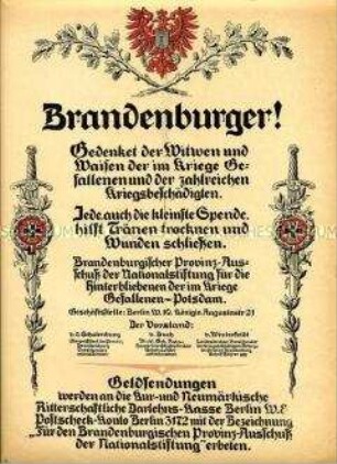 Werbeflugblatt für Spenden an die Nationalstiftung für die Hinterbliebenen der im Kriege Gefallenen