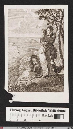 Ein Liebespaar und eine Frau mit einem Kind auf einem Hügel in der Nähe des Meeres.