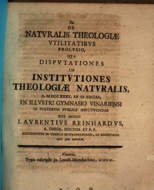 De naturalis theologiae utilitatibus prolusio