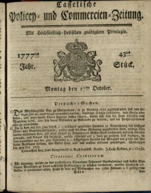 43tes Stueck, Montag den 27ten October 1777