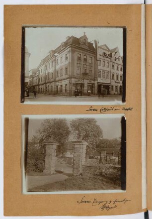 Eckhaus am Markt, Sorau. Eingang zum Schlosspark, Sorau: Ansichten (aus: Skizzen- und Fotoalbum 29)