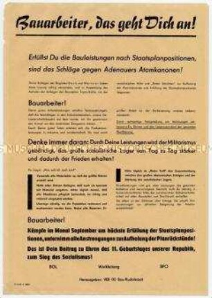 Flugblatt mit Aufruf der Betriebsleitung an Belegschaft der VEB (K) Bau Rudolstadt zur Planerfüllung in Vorbereitung des 11. Jahrestages der DDR-Gründung