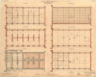 Mellinger, Ludwig von; München; Armeemuseum - Neubau, Zwischenbau Süd (Grundriss Fundament, Grundriss EG, Grundriss EG,Grundriss 1. OG), Grundriss Zwischengeschoss, Grundriss Sparrenlage