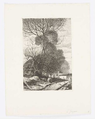 Landschaft mit Bäumen und umgestürzter Karre