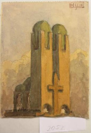 [Doppeltürmige Kirche mit monumentalem Reliefkreuz zwischen den Portalen]