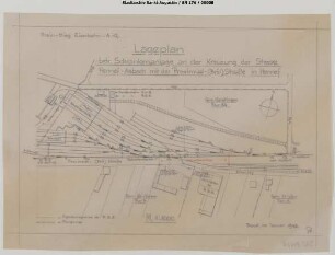 Hennef: Lageplan betreffend Schrankenanlage an der Kreuzung der Strecke Hennef - Asbach mit der Brölstraße in Hennef. Bahnübergang Brölstraße.